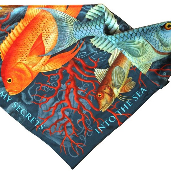 Square 36x36" 100% silk charmeuse scarf "Secrets" grey blue coral reef fish - Picture 3 of 6